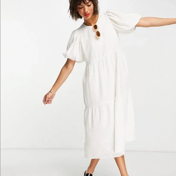 Mango | Dresses | Mango Midi Dress With Balloon Sleeves In White | Poshmark